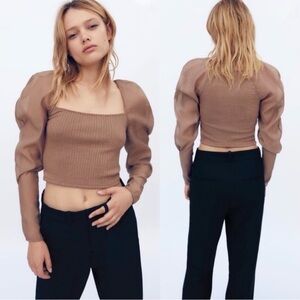 Zara Brown Ribbed Puff Sleeve Crop Top. Size Medium
